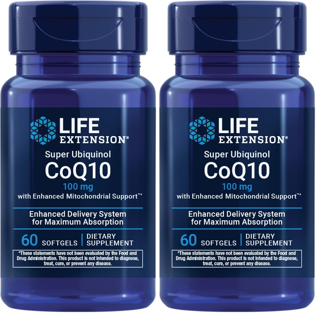 Life Extension Super Ubiquinol CoQ10 z izboljšano mitohondrijsko podporo, Potent Heart Health & Cellular Energy Production Support, Ultra-absorbable, Gluten-free,Non-GMO, 100 mg, 60 kapsul (paket z 2)