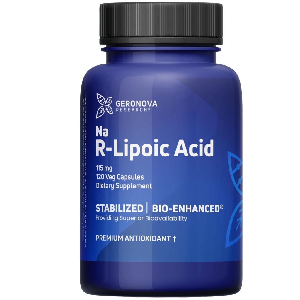 Geronova Research Bio-Okrepljena R-lipojska kislina, 115 mg Kapsule - 4-mesečna zaloga - Stabilizirana R Alpha lipoična kislina z izboljšano absorpcijo - 120 Število
