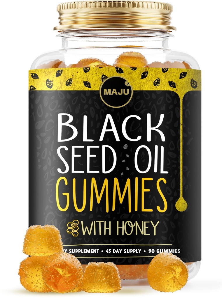 MAJU's Black Seed Oil Gummies z medom 90ct, 500mg BSO Gummy, Black Cumin Seme Nigella Sativa Oil, Cold-Presed, Močna Formula, 90ct