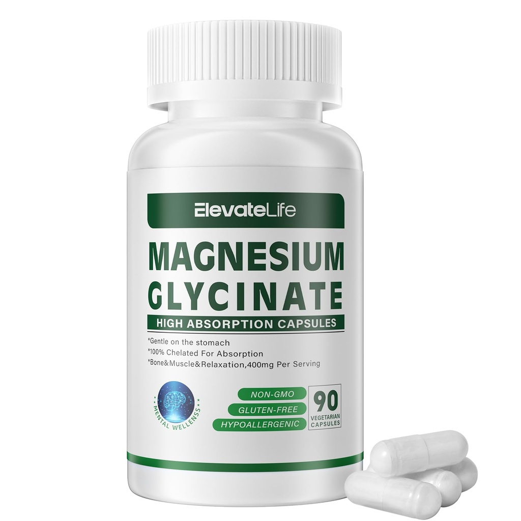 Magnezij Glicinat 400 MG na odmerek 100% kelirano za visoko absorpcijo, nežno na želodcu, ne-GMO, 90 vegetarijanskih kapsul