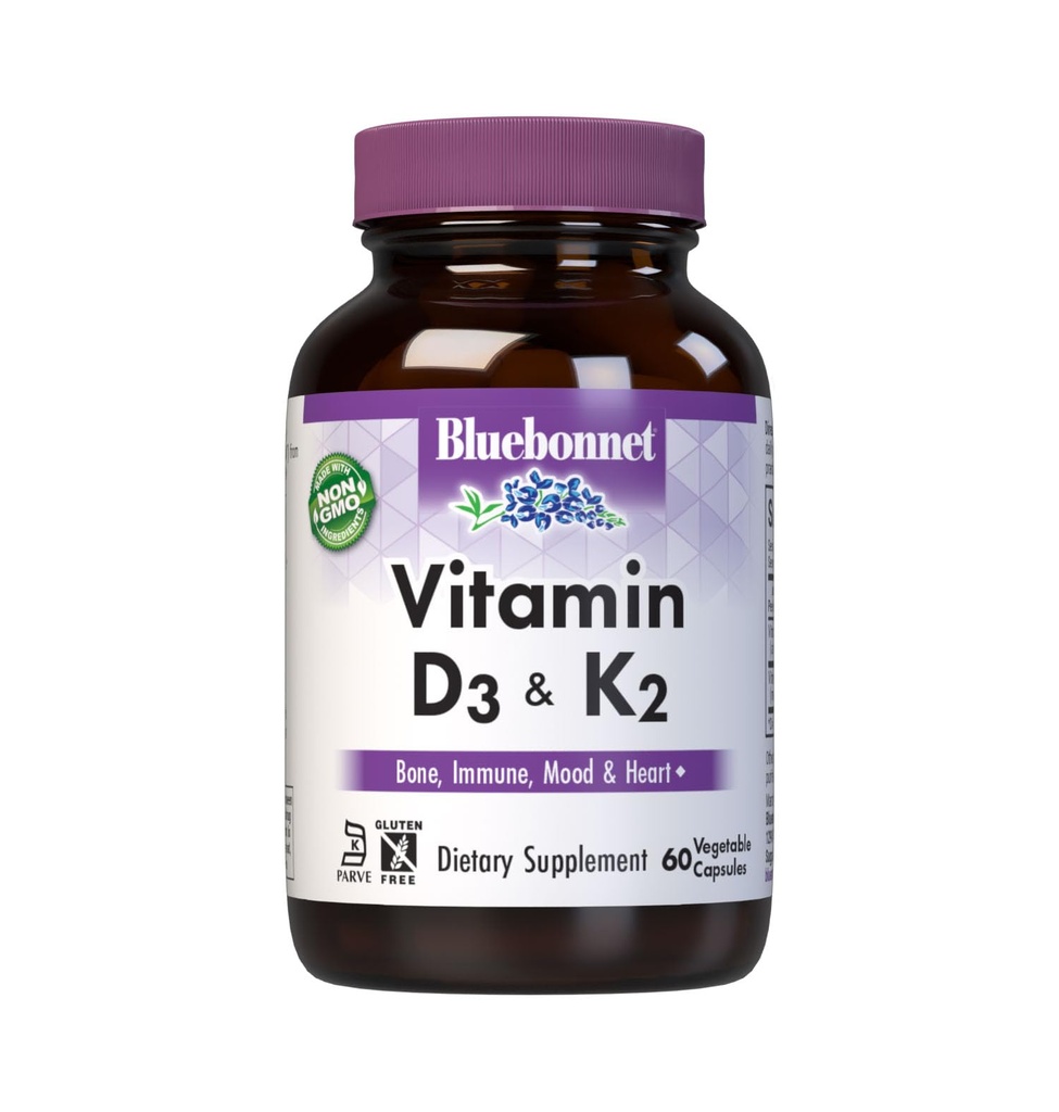 Bluebonnet Nutrition Vitamin D3 & K2, Soy-free, za močno zdrave kosti*, Gluten-free, Non-GMO, Dairy-free, Kosher Certified, Vegetarian, 60 Zelenjavne kapsule, 60 Servings