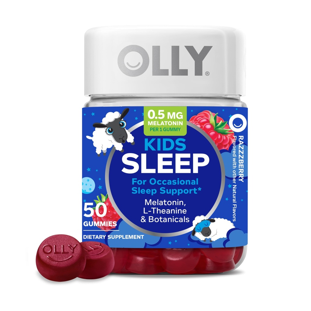 OLY otroci Sleep Gummy, Occasional Sleep Support,* 0.5mg melatonin, L-teanin, malina aromatizirana, 50 ali 25 Day Supply - 50 Count