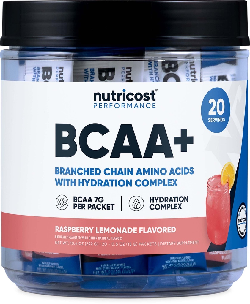 Nutricost BCAA+ Hidracija Raspberry Lemonade (20 Stickpacks) - razvejane verige aminokislin s hidracijskim kompleksom - Gluten-free, Non-GMO