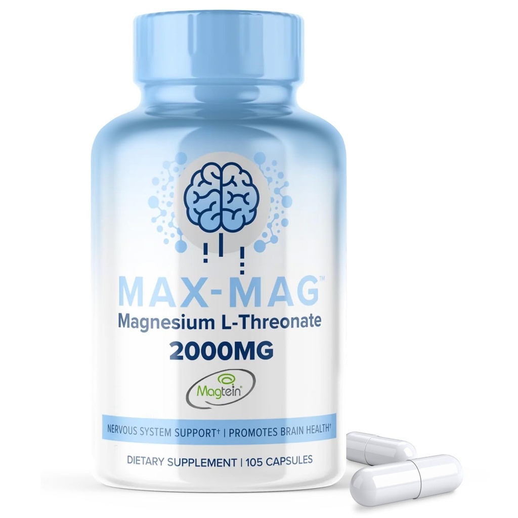 Max-Mag Magnezijev L-treonat dodatek - 105 Kapsule Made in USA- Magtein 2000mg Kompleks z vitaminom D3 in K2 za spanje, Mood & Brain Magnezij L Treonate Kapsule Nutrition by MaxLife Naturals