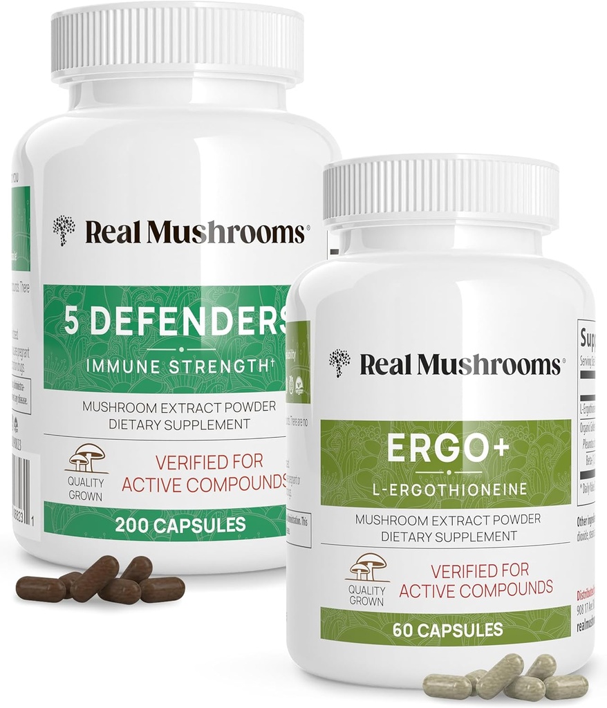Prave gobe Ergotionein (60ct) in 5 Branilci (200ct) Bundle - s Turčijo rep, Shiitake, Reishi, Chaga, Maitake, Oyster - Naravna dolgoživost in Imunska moč - Vegan, Gluten Free, Non-GMO