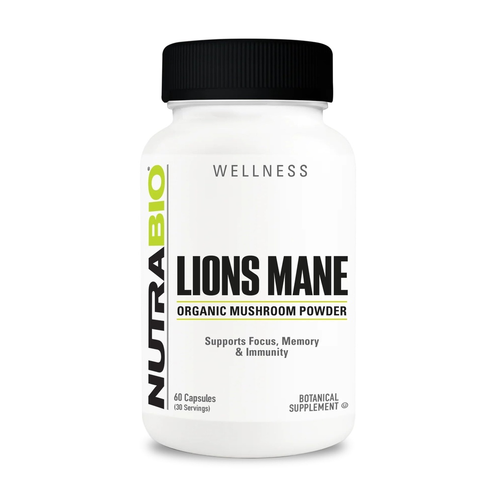 NutraBio Lions Mane dodatek Kapsule- Organic Lion's Mane Gobe v prahu (500mg)- Fokus, spomin, Imuniteta - 60 Zelenjavne kapsule
