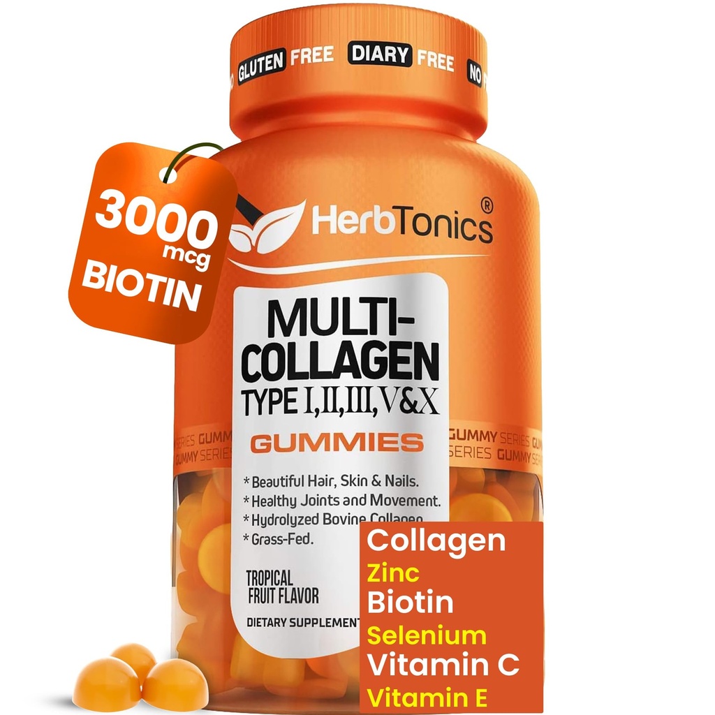 Herbotonics Multi Colagen Gummies z biotin & vitamin C, hidroliziran kolagen Peptide vrste I, II, III, V, X za lase, kožo, nohte, in podporo kosti - Tropical Flavor, 60 Gummies