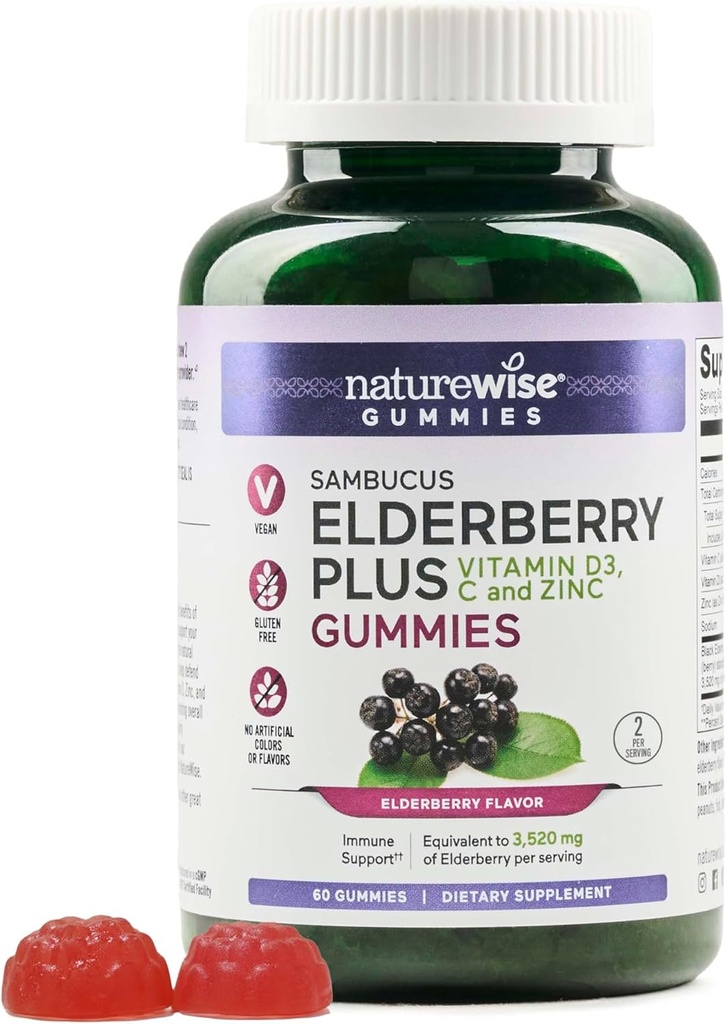 NatureWise Sambucus Elderberry Gumies - Imunska podpora dodatek za otroke starosti 4+ & odrasli z vitaminom C, D3, cink - Bezgove jagode ekvivalent 3520mg - Vegan, Non-GMO - 60 Count[30-Day Supply]