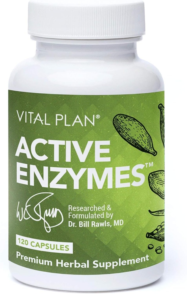 Vitalni načrt Aktivne encime Dodatek Dr. Bill Rawls - Prebavne encime za Gut zdravje & Prebava - Proteaza, Bromelain, Laktaza, Amylase & Lipaza (120 kapsul)