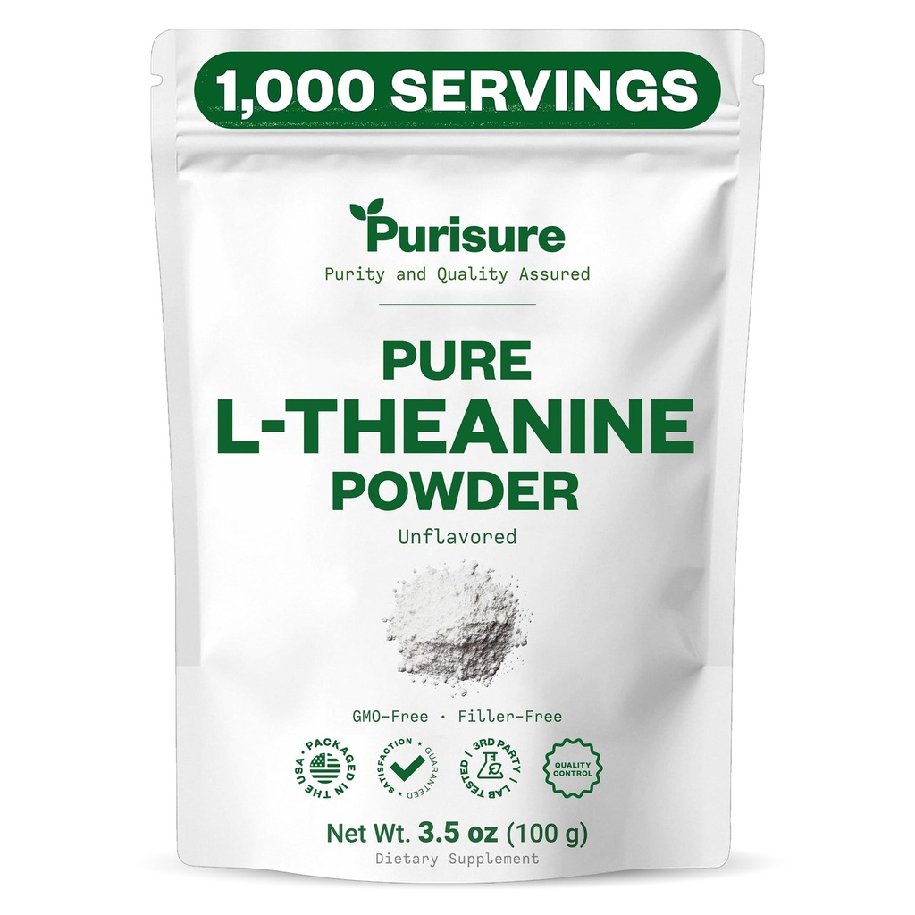 Purisure L-Theanine Powder, 100 g, Pure L Teanin Powder, ki spodbuja sprostitev in fokus, dodatek za kognitivne funkcije, brez polnil, Non-GMO, 1000 Serving