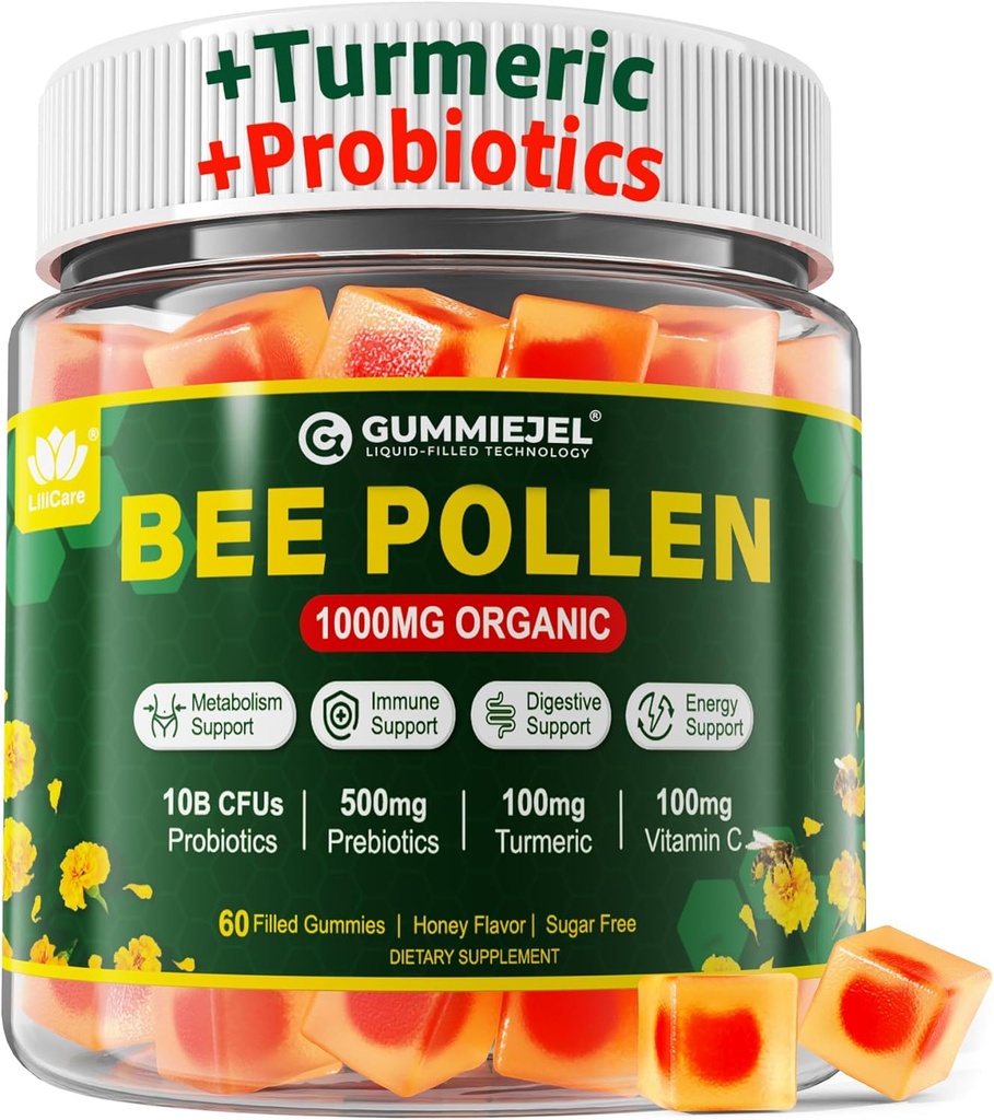 Prebavno zdravje in teža čebele Pollen Organic 1000mg, w/Probiotiki, Prebiotiki in kurkuma, Bee Pollen Gumies Bogat z B-Vitamin, Antioksidanti, Aminokisline, za prebavne, Teža in energija