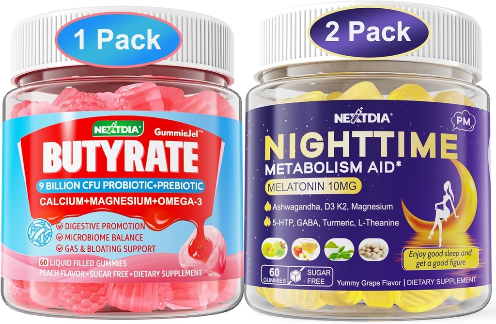 Sveženj: Butyrate Gumies z probiotiko + Prebiotik + Postbiotik & Melatonin 10mg 20mg Presnova nočnega časa Spanje Gumies