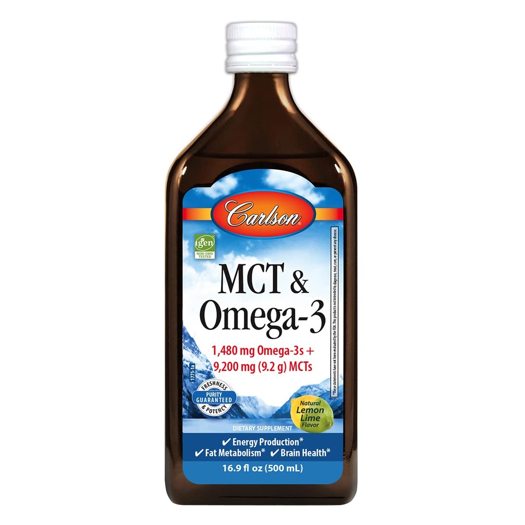 Carlson - MCT & Omega-3, 1480 mg Omega-3, 9200 mg MCT, Keto-prijazno, Caprylic & Capric Acids, proizvodnja energije, presnova maščob, limona-Lime, 500 ml (16,9 Fl Oz)