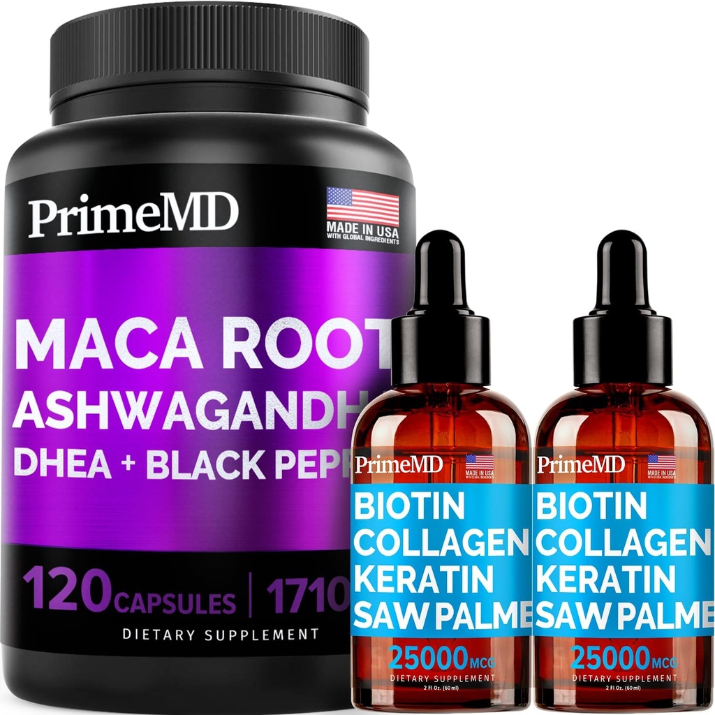 4-v-1 tekoči biotin kolagen keratin žaga Palmetto kapljice (2 fl oz - 2 paket) & 6-v-1 Maca Root Ashwagandha w Črni poper sadje (120ct) strnad - lasje, koža, nohti, Energija & Mood dodatek