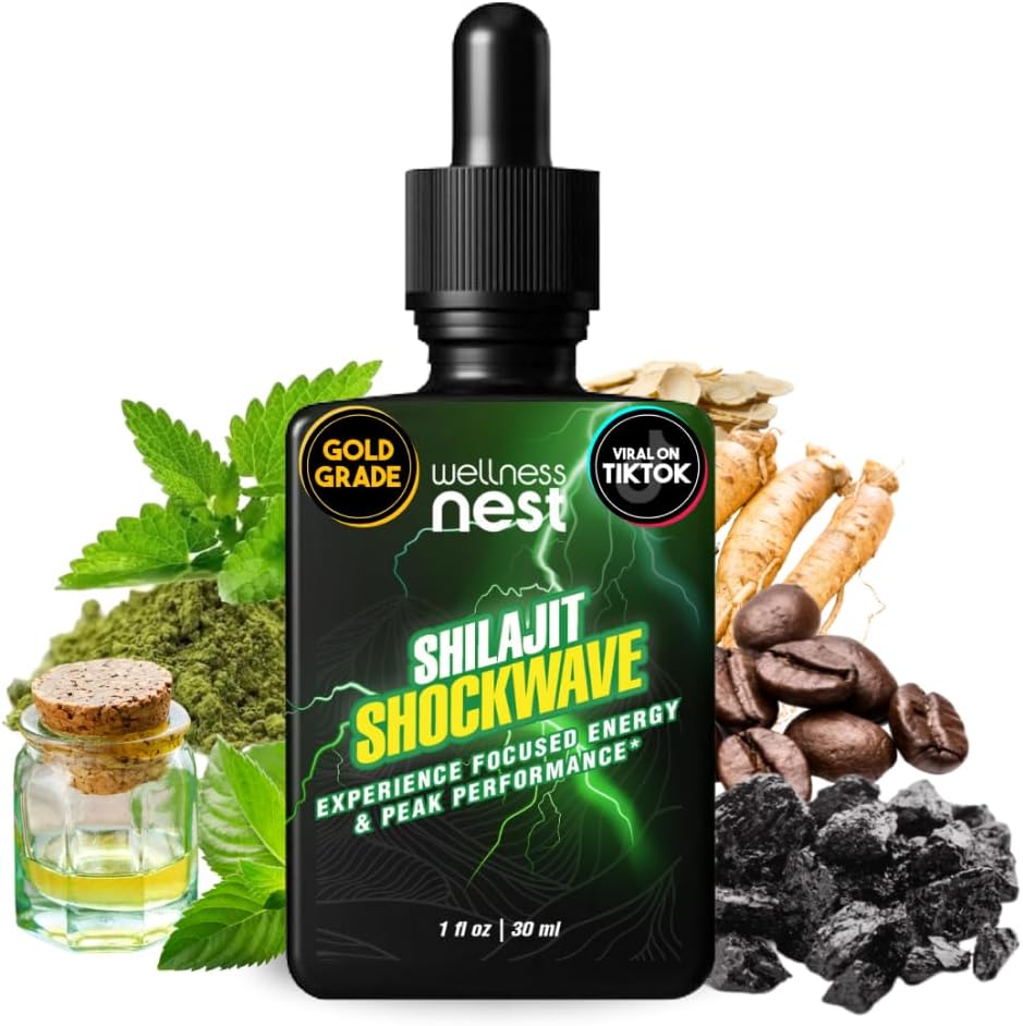 Wellness Nest Shilajit Shockwave Kapljice: Energija kapljice, Fokus kapljice - Čisti Himalajski Shilajit z naravnim Tulsi, Panax Ginseng, Peppermint, Japanmint Supercharge Your Day - 30 Servinges