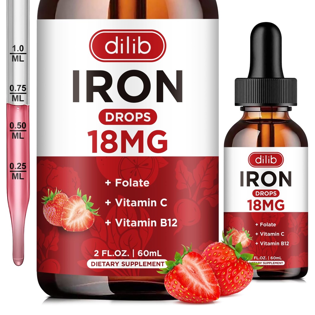 Tekoči železovi dodatki za ženske in moške železove kapljice Železo dodatki za anemijo s folatom, Vitamin C, B12 za podporo rdečih krvnih celic-Strawberry, 2 Fl Oz