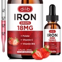 Tekoči železovi dodatki za ženske in moške železove kapljice Železo dodatki za anemijo s folatom, Vitamin C, B12 za podporo rdečih krvnih celic-Strawberry, 2 Fl Oz