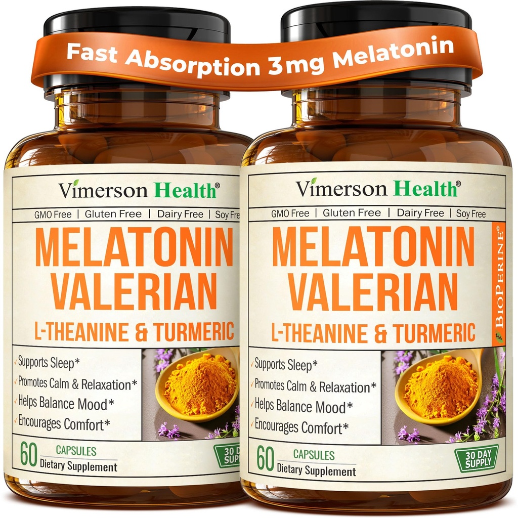 Melatonin Sleep Aid z L Theanine & Valerian Root – Kurkumin dodatek – Kurkumin z Ginger & Black Pepper – L-Theanine & Melatonin 3mg za spanje, mir in stres Relief – 2 Pack