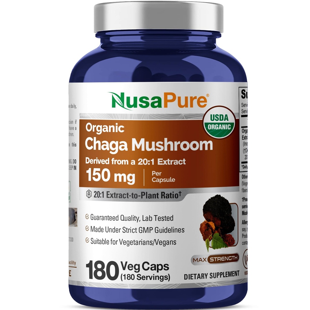 NusaPure Chaga goba 20:1 ekstrakt, 150 mg ekvivalent 3000 mg na Veggie kapsulo, 180 Count, USDA Organic, Vegan, Non-GMO