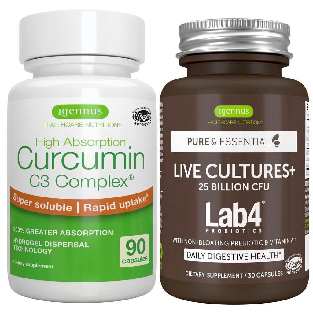 Žive kulture+ Lab4 probiotiki + visoka absorpcija Curcumin C3 Complex Vegan Bundele, 25 milijard CFU probiotik, Ne-Bloating Prebiotic + 300% večja absorpcija Curcuminoidi s hitro dvig, Igennus