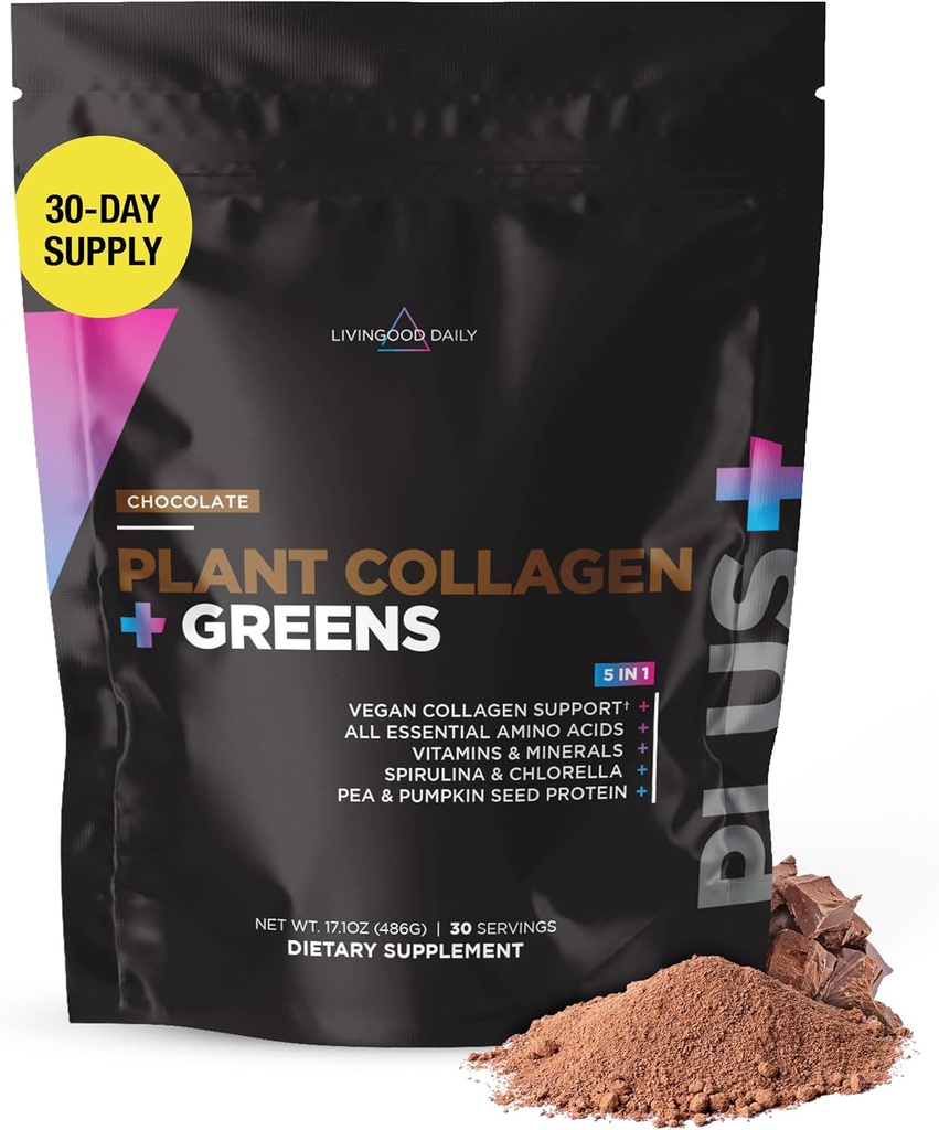 Liveood Daily Plant Collagen + Greens Powder, Čokolada, 5-v-1 Kolagen Podpora z Pea Protein, Aminokisline, Spirulina, Klorella & Vitamin C, Kožnati nohti za lase, Vegan, 30 Servingov