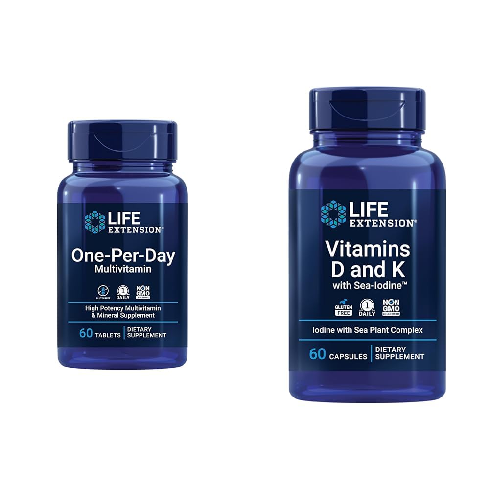 Life Extension One-Per-Day multivitamin – pakiran z več kot 25 vitamini, minerali in rastlinskimi ekstrakti in vitamini D in K z morskim jodom, vitaminom D3, vitaminom K1 in K2, jodom