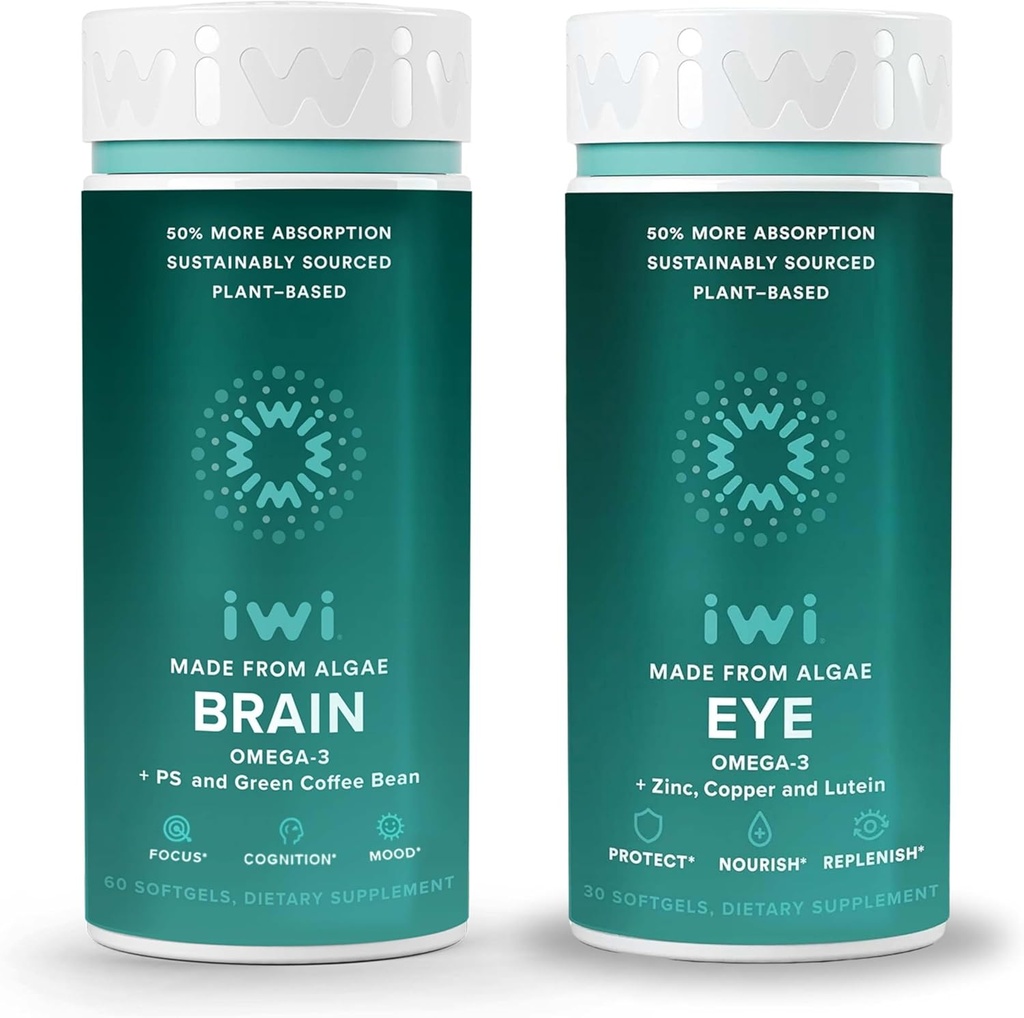 Iwi Life Brain & Eye Omega-3 Bundle, 30 Serving, Veganska rastlinska osnova Algae Omega 3 z EPA + DHA, Krill & Fish Oil alternativa, brez ribjega pookusa