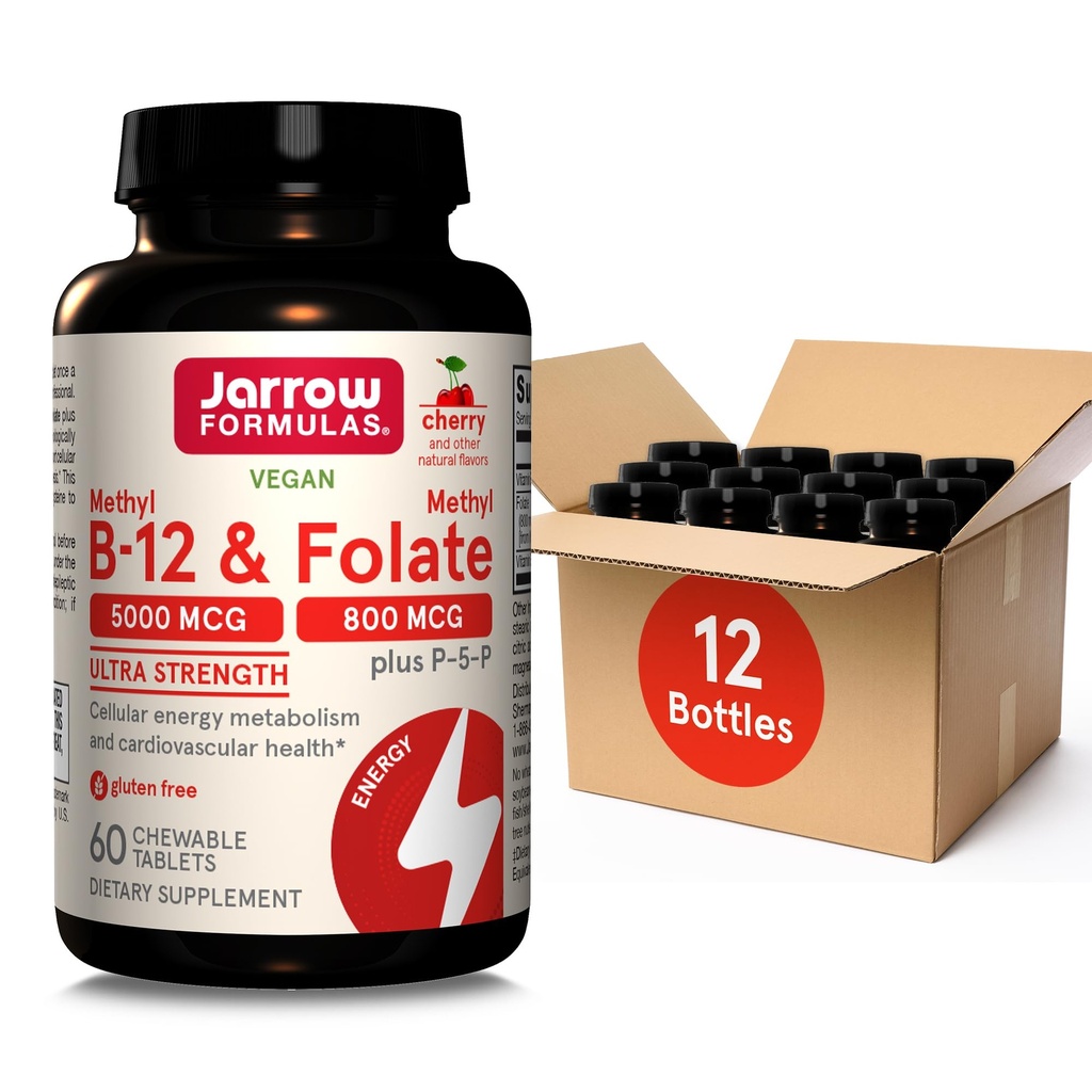 Jarrow Formule Ultra Strength Metil B-12 5000 μg & metil Folate 800 μg + P-5-P, dodatek za presnovo celične energije in kardiovaskularno podporo, 60 žvečljive tablete, 60 dnevna oskrba, 12 pakiranj