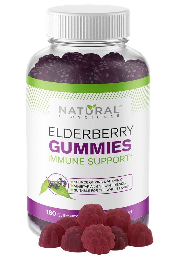 Natural BioScience Sambucus Elderberry Gumies z vitaminom C in cinkom, Imunska podpora za odrasle in otroke, Daily Antioksidant & Wellness Boost, 180 Vegan, Gluten-free, Žvečljive Elderberry Gumies