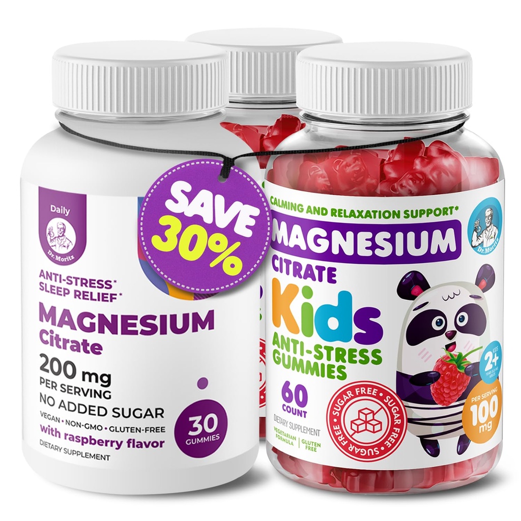 DR. MORITZ Magnezijev paket - Gumiji za odrasle (200 mg, 30 Count) in otroci Magnezijev Gumies (60 Count, 2 Pack) - sladkor brez