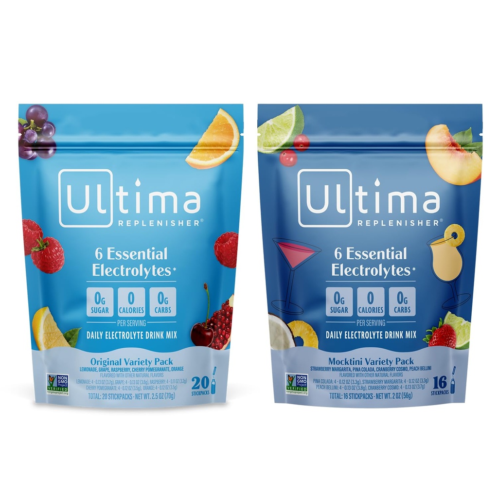 Ultima Replenisher Daily Electrolyte Powder Drink Mix – Sugar Free – Mocktini Variety and Original Variety, 36 Stickpacks – Hidracijske embalaže s 6 Elektroliti in minerali – Keto, Non-GMO