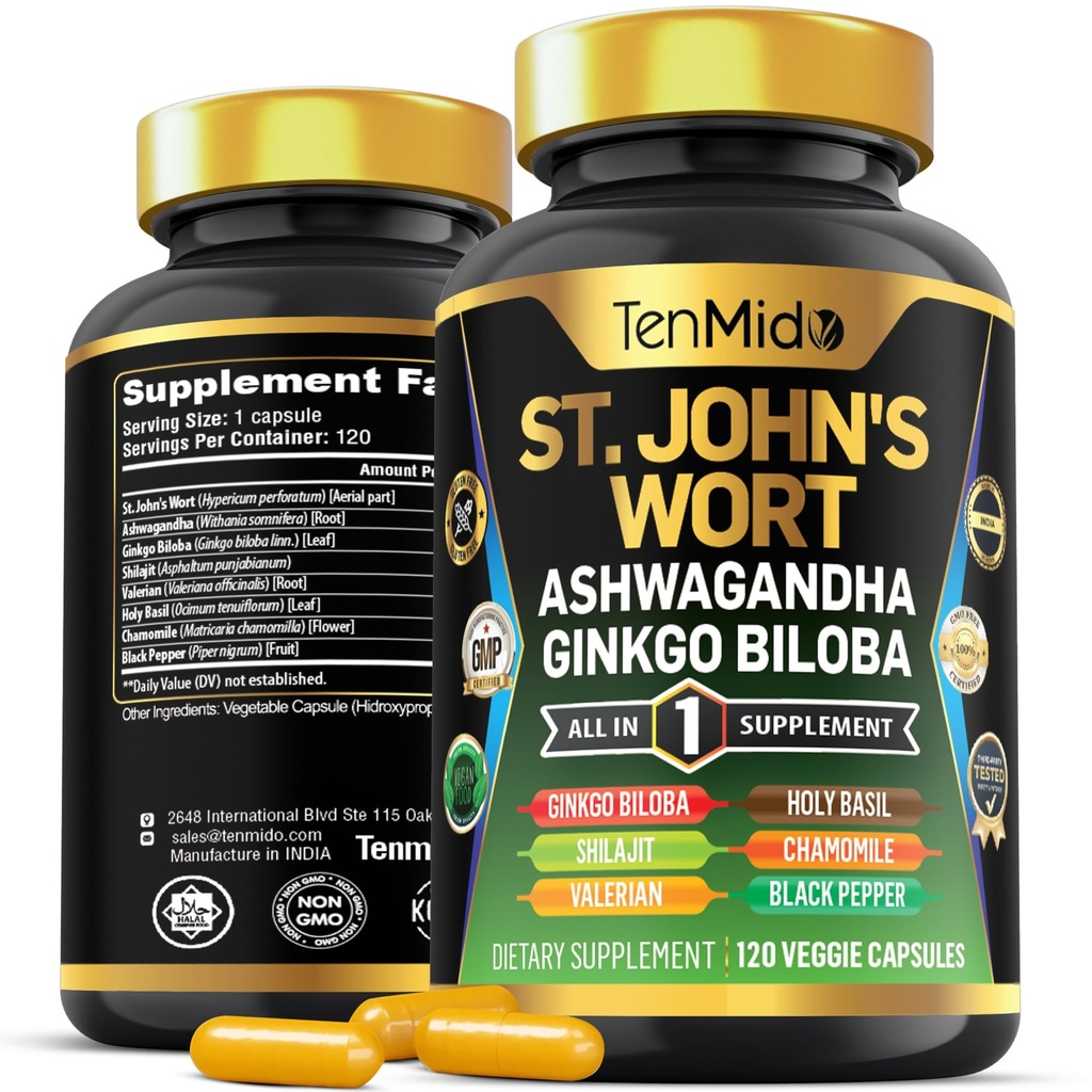 St. John's Wort dodatek - 8 v1 Formula - Združite z Ashwagandha, Ginkgo Biloba, Shilajit, Valerijan, Sveti Bazilij, Kamilica in Črna paprika - 120 Veganske kapsule za 4 mesece dobave