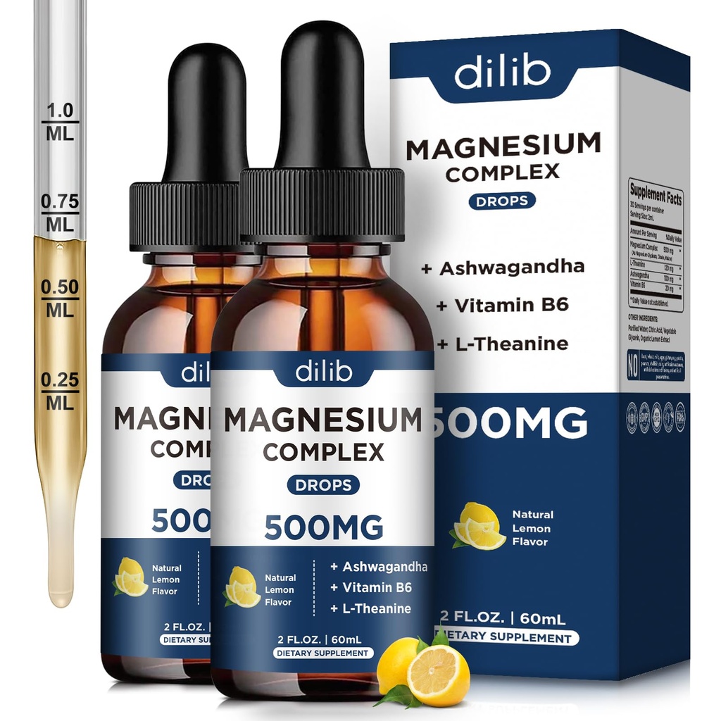 (2 paket) Magnezij Glicinat, Citrat, Malate tekoče kapljice-Triple Magnezijev kompleks Dodatek 500mg z Ashwagandha, L-teanin, Vitamin B6-podpora Mirno, Stress Relief, Spanje, Muscle-Lemon aroma
