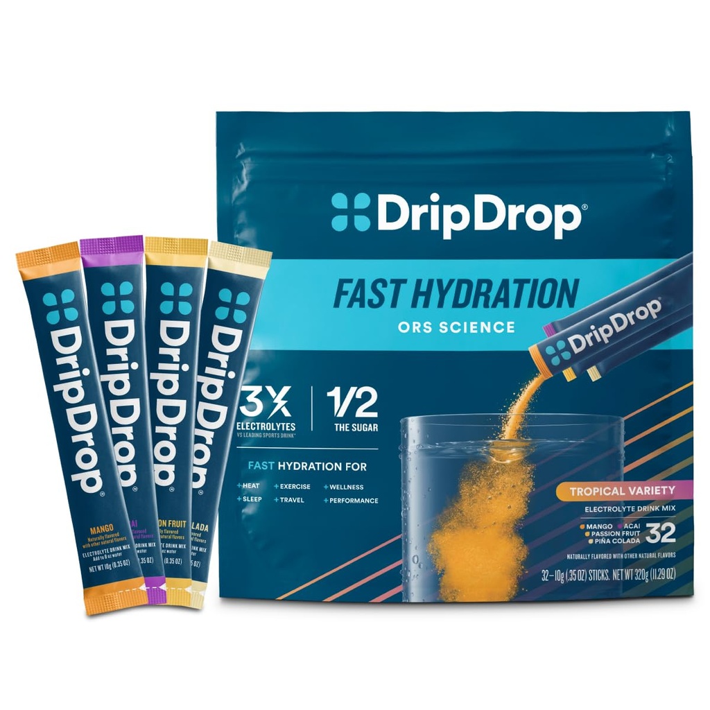 DripDrop Hydration Packets - Tropical Variety Pack - Eno serviranje Elektroliti v prahu Mix - Mango, Açaí, Passion Fruit, Piña Colada - Non-GMO, Gluten Free, Vegan - 32 palic