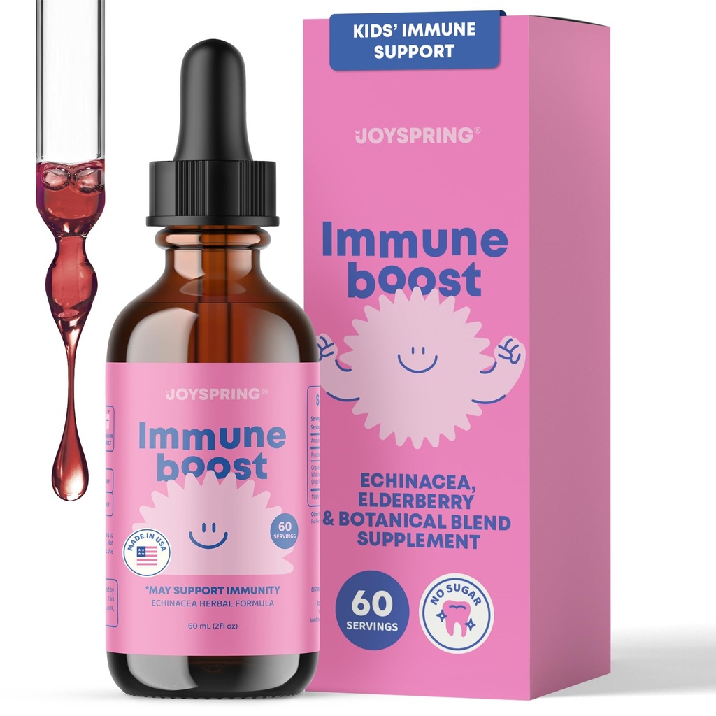 JoySpring Imunske kapljice - otroci Imunska podpora Tekoči dodatek (2 fl oz) - Echinacea, Elderberry, Oregon Grozdni koren, Oregon Peel, Vitamini A, B6, C - Naravni podporni sistem za otroke in odrasle