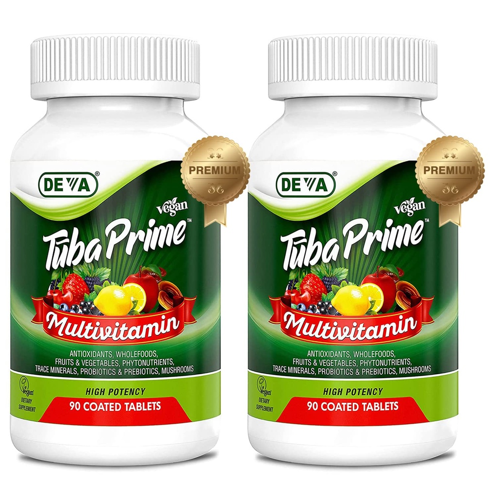 DEVA Tuba Prime Vegan Multivitaminski visokopotezni vitamin in mineralna prehrana dodatek antioksidanti, sadje in zelenjava Mešanica, Super gobe, probiotiki, Prebiotiki, Semena, Zelišča - 90 Tabs, 2-Pack