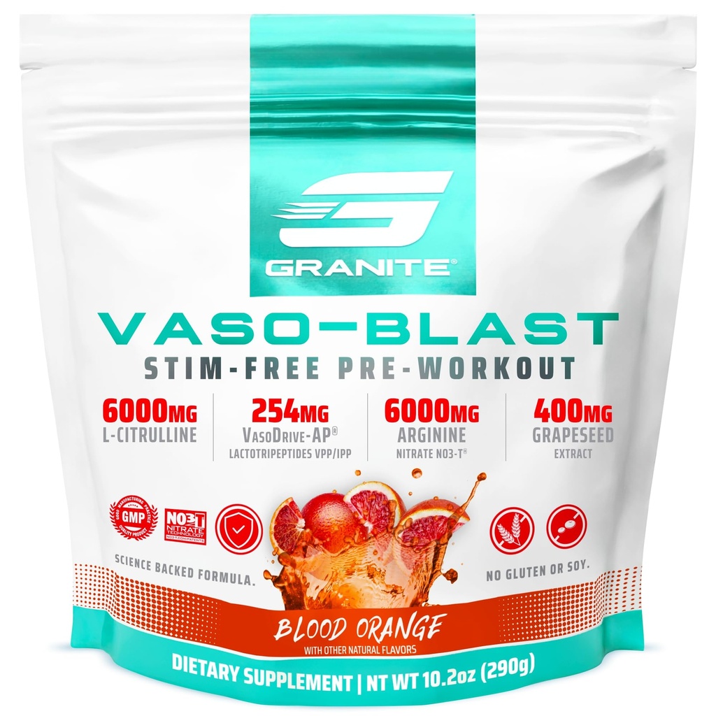 Granit Nutrition Vaso Blast Stim-free Pre Workout - Ne-stim dušikov oksid Podpora za pump, Physique in mišične zmogljivosti - Blood Orange (290g)