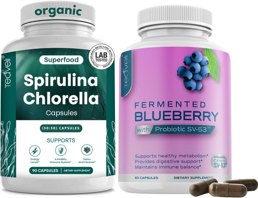 Teaveli Spirulina Klorella in borovnice kapsule