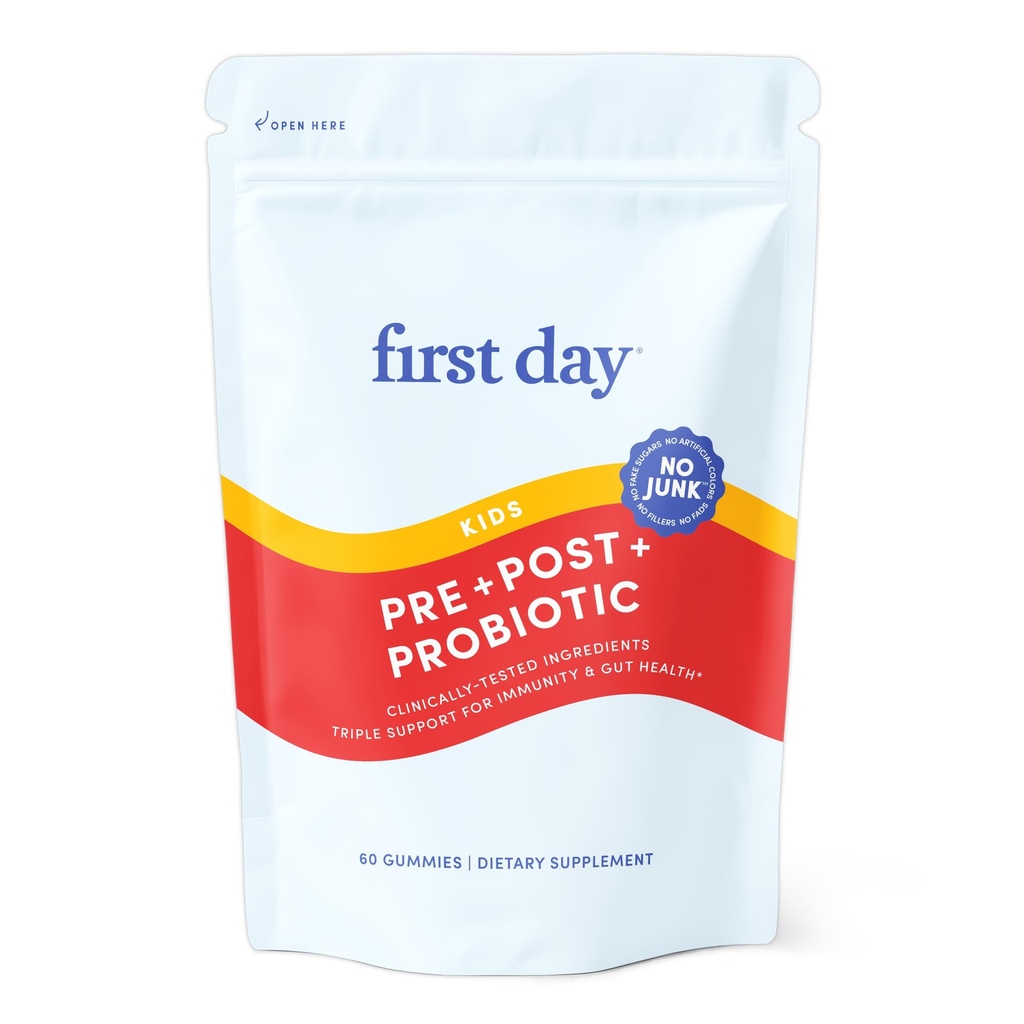 PRVI DAN Otroci Probiotični Gumiji - 3 v 1 Probiotiki za otroke + Prebiotik & Postbiotik - Prebiotiki & Probiotiki za prebavne zdravstvene in imunske podpore – Vegan, Gluten brezplačno, 30-dnevno oskrbo