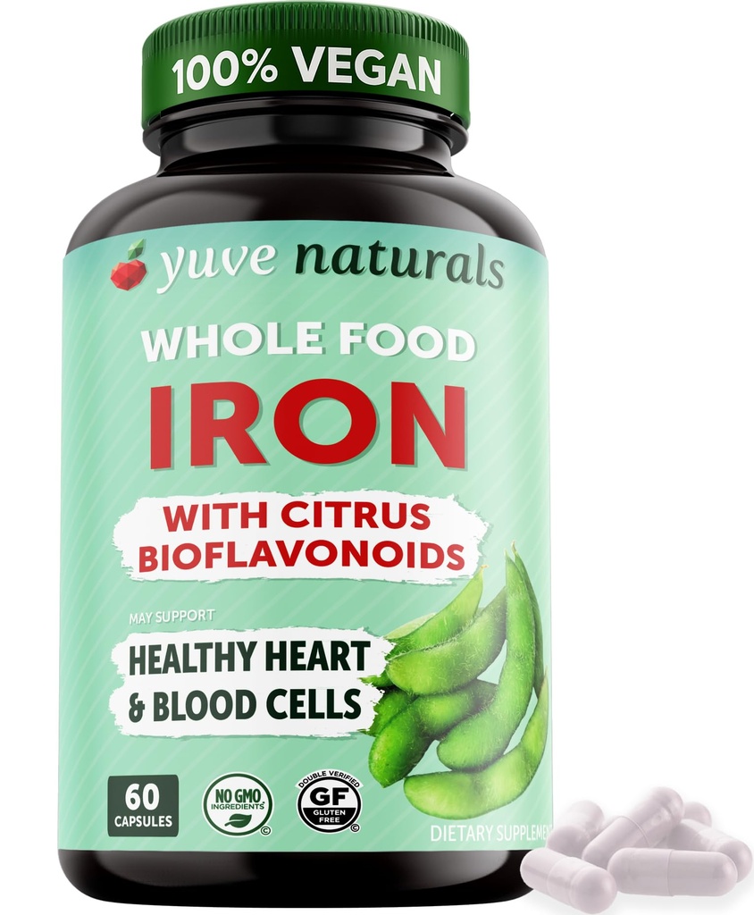 Yuve 100% Vegan Cela hrana kelirano železo dodatek 18mg – brez okusa, nezaščitena, Nežen na želodec, energijska podpora – Gluten-free, Non-GMO, 60 kapsul