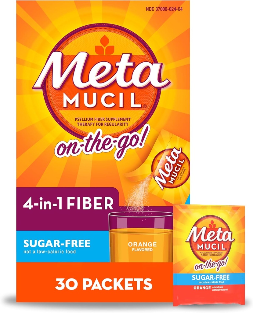 Metamucil On-The-Go, Psyllium Husk Fiber dodatek, 4-in-1 Fiber za digestivno zdravje, sladkor brez, pomarančni arome, 30 Število x 2 Packs (60 Število skupaj)