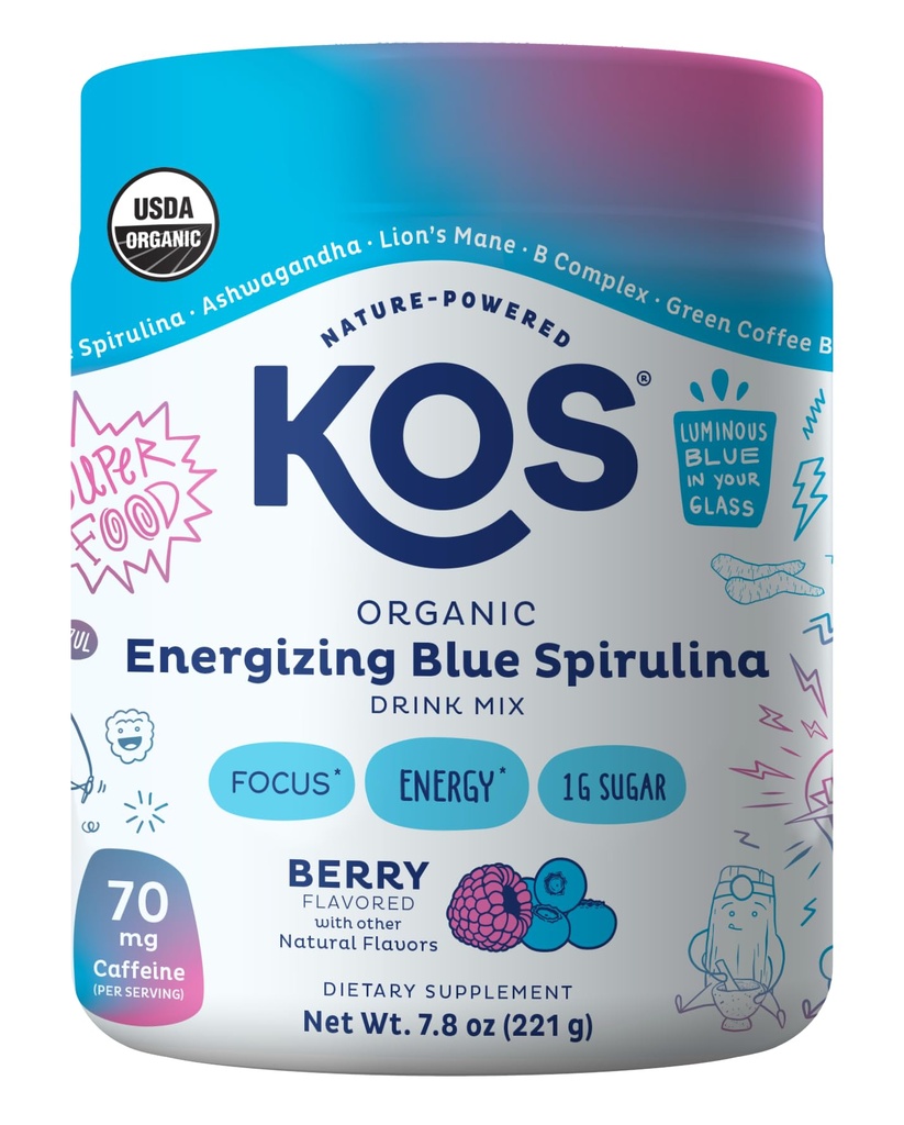 KOS Energiring Blue Spirulina Mešanica - USDA Certified Organic - B Vitamini, Ashwagandha, Ginseng, Adaptogeni, Biotin - Vegan Pre Workout Powder - kofein, Berry Flavored, 28 Servis