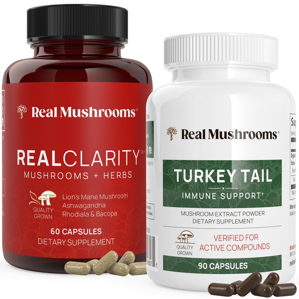 Realne gobe RealClarity (60ct) in Turčija Tail (90ct) Kapsule Bunde - Gobe dopolnilo za mentalno jasnost, Fokus & Imunska podpora - Vegan, Non-GMO, Preverjene ravni beta-glukanov