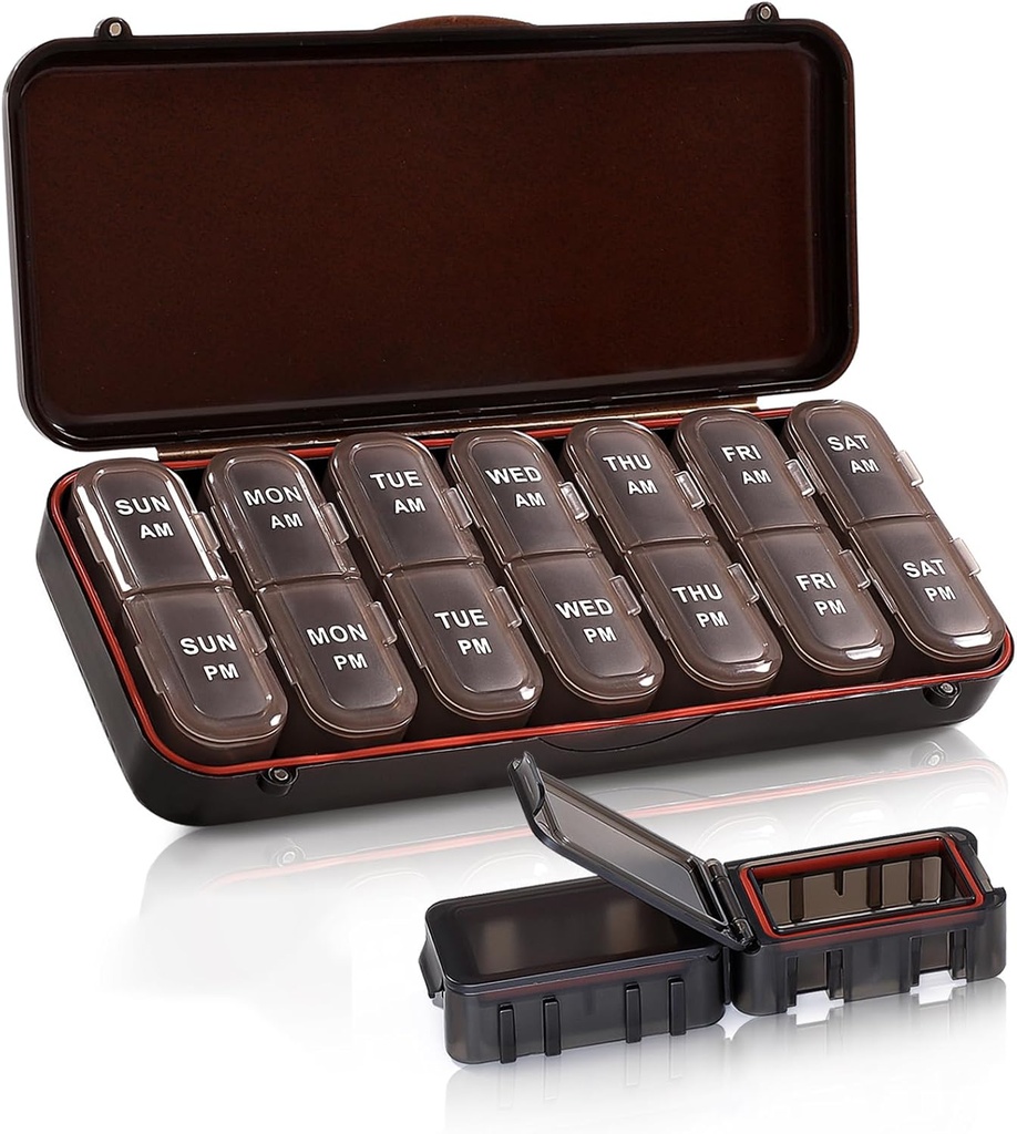 Organizator tablet 2 krat na dan, tedenski potovalni kovček za vitamine, ribja olja + 2 Ločljive srčkane škatle (Brown)