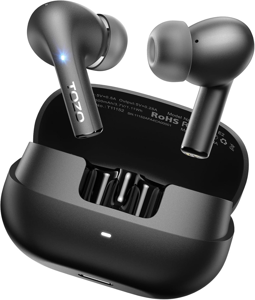 TOZO E2 Brezžične slušalke 10mm Vozniki z zmogljivim basom, App Prilagodite 32 EQs, z 2 mikrofoni AI Klic Hrup preklica, 30H Playtime, Bluetooth 5.3 Ušesni Budi, Comfort Fit in-Ear slušalke