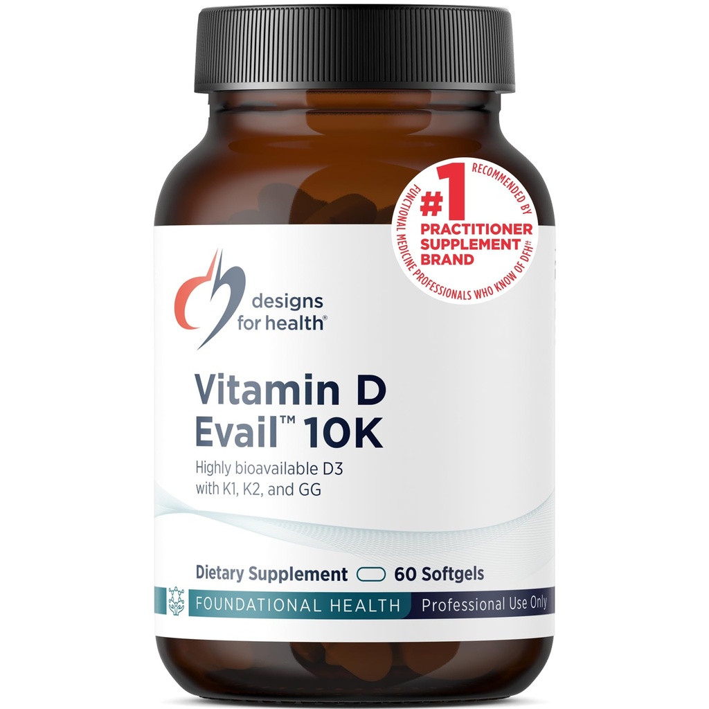 Designs for Health D-Evail 10K - 10.000 i.e. Vitamin D dodatek z vitaminom K (K1, K2 as MK-4) + GG - kost, kardiovaskularni + imunski podpora - Izboljšana biološka razpoložljivost Vitamin D3 (60 kapsul)