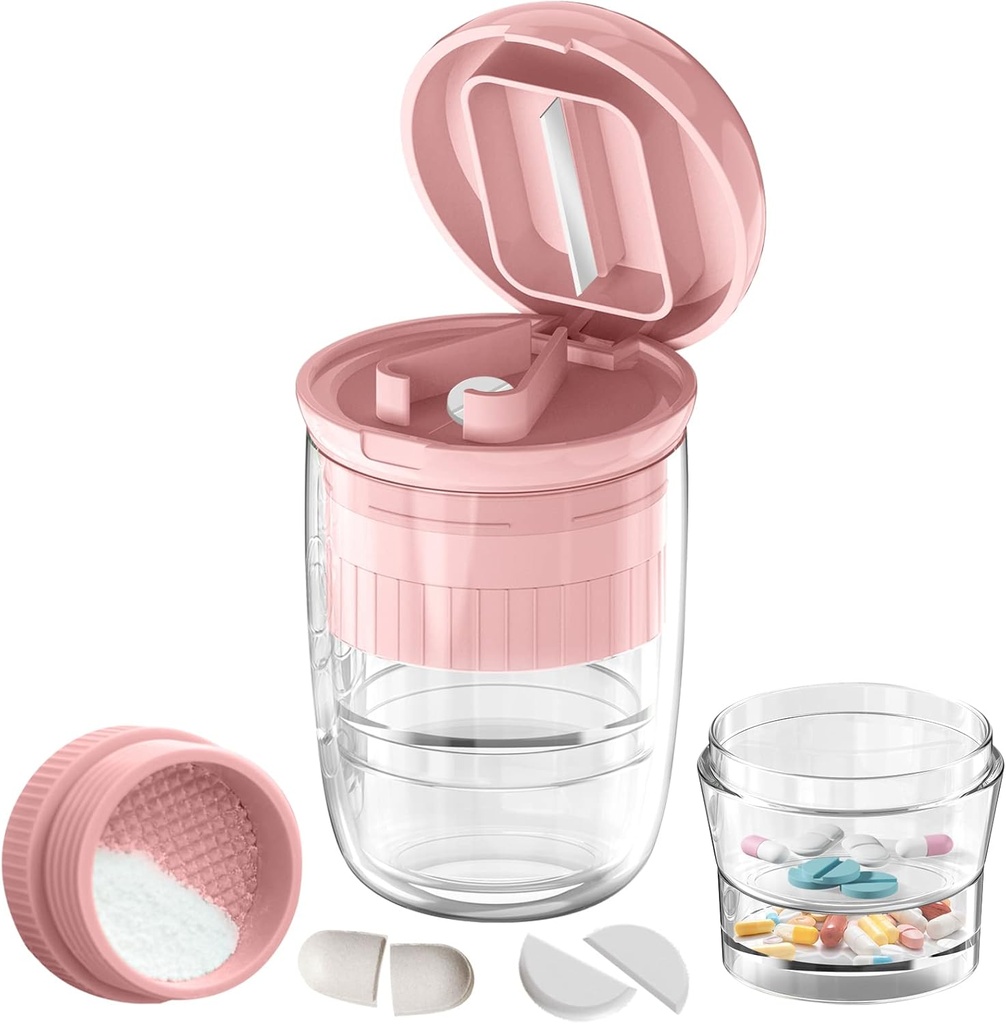 Ločevalnik tablet z dispenzerjem, rezalnik tablet za majhne ali velike tablete, tablete za drobljenje, vitamini, tablete, rezilo iz nerjavečega jekla, pokal za odstranjevanje (Pink-1)
