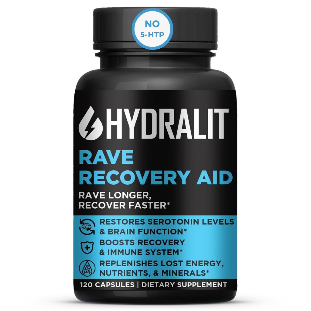 Rave recovery Aid Vitamini Po stranki Relief Pills Music Festival Dodatki Rave Essentials 5-HTP dodatek Elektroliti Hidracija Boljša jutra Serotonin Energy Hangover 120 Kapsule