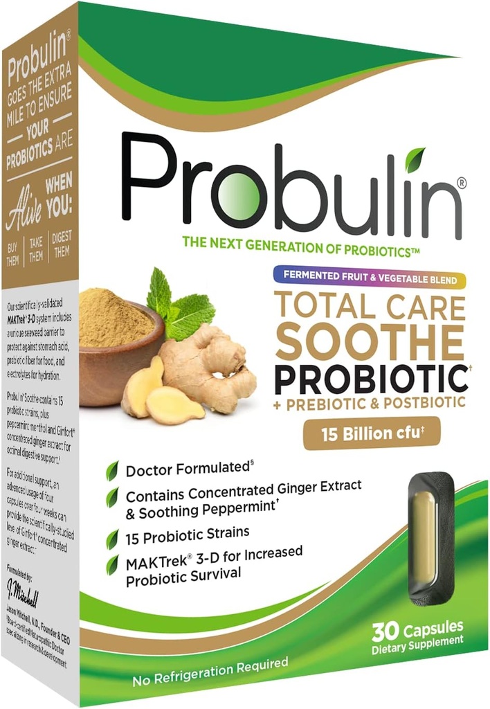 Probulin popolna nega Pomirjajo prebiotik, probiotik in postbiotik + ingver & metin za digestivno pomirjanje - 15 milijard CFU - 15 sevov - 30 veganskih kapsul