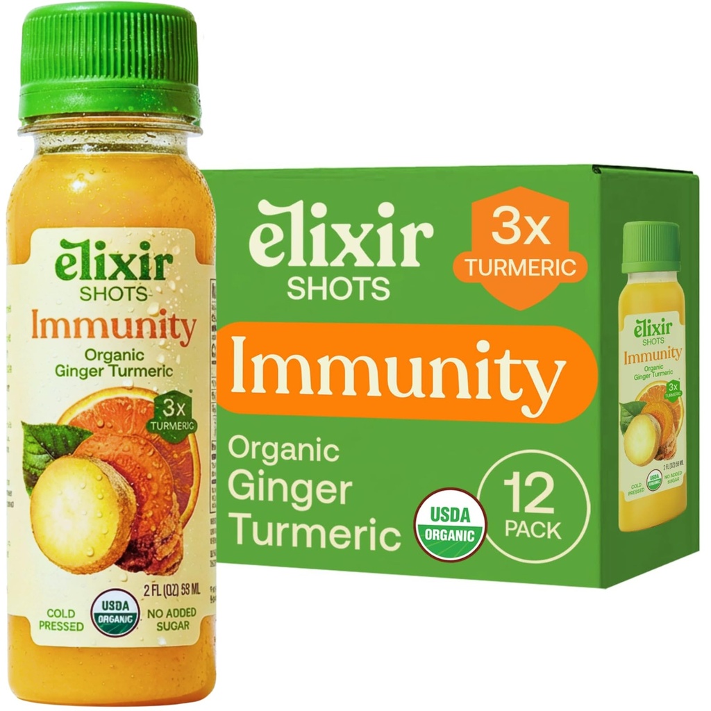 Eliksir Shots, Immunity Boost Wellness Shot s hladno-predložene kurkuma, ingver, pomaranča in črna paprika, brez dodanih sladkorjev ali umetnih sestavin,12-paket